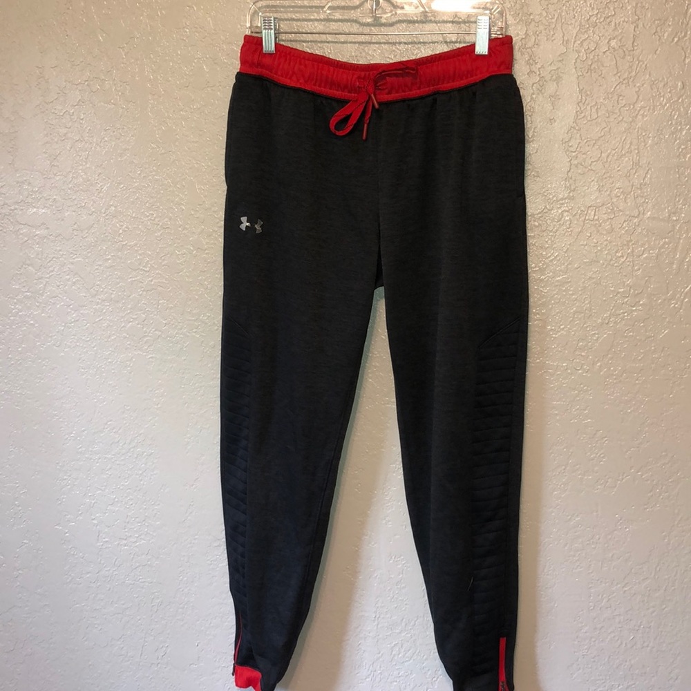 red and charcoal grey joggers